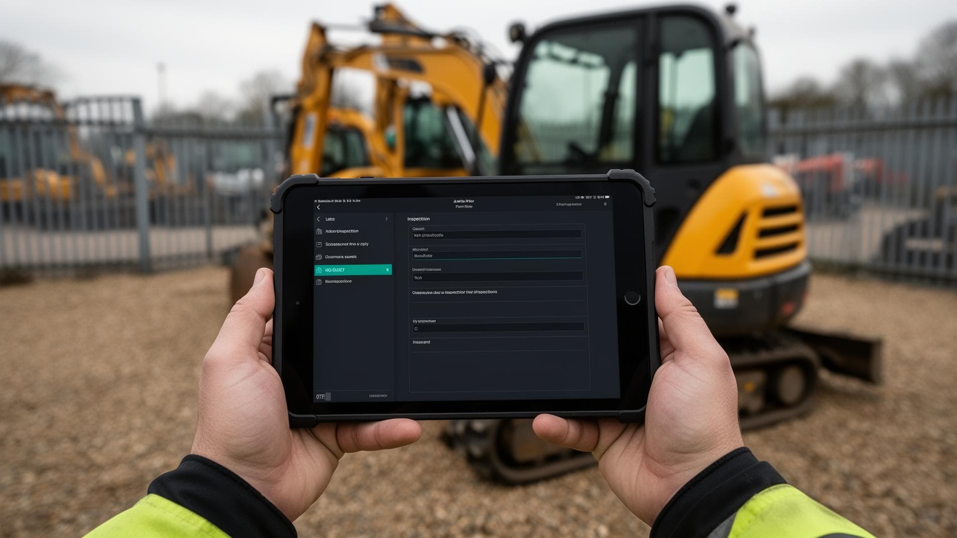 A plant hire worker in the yard using workflow software on a tablet