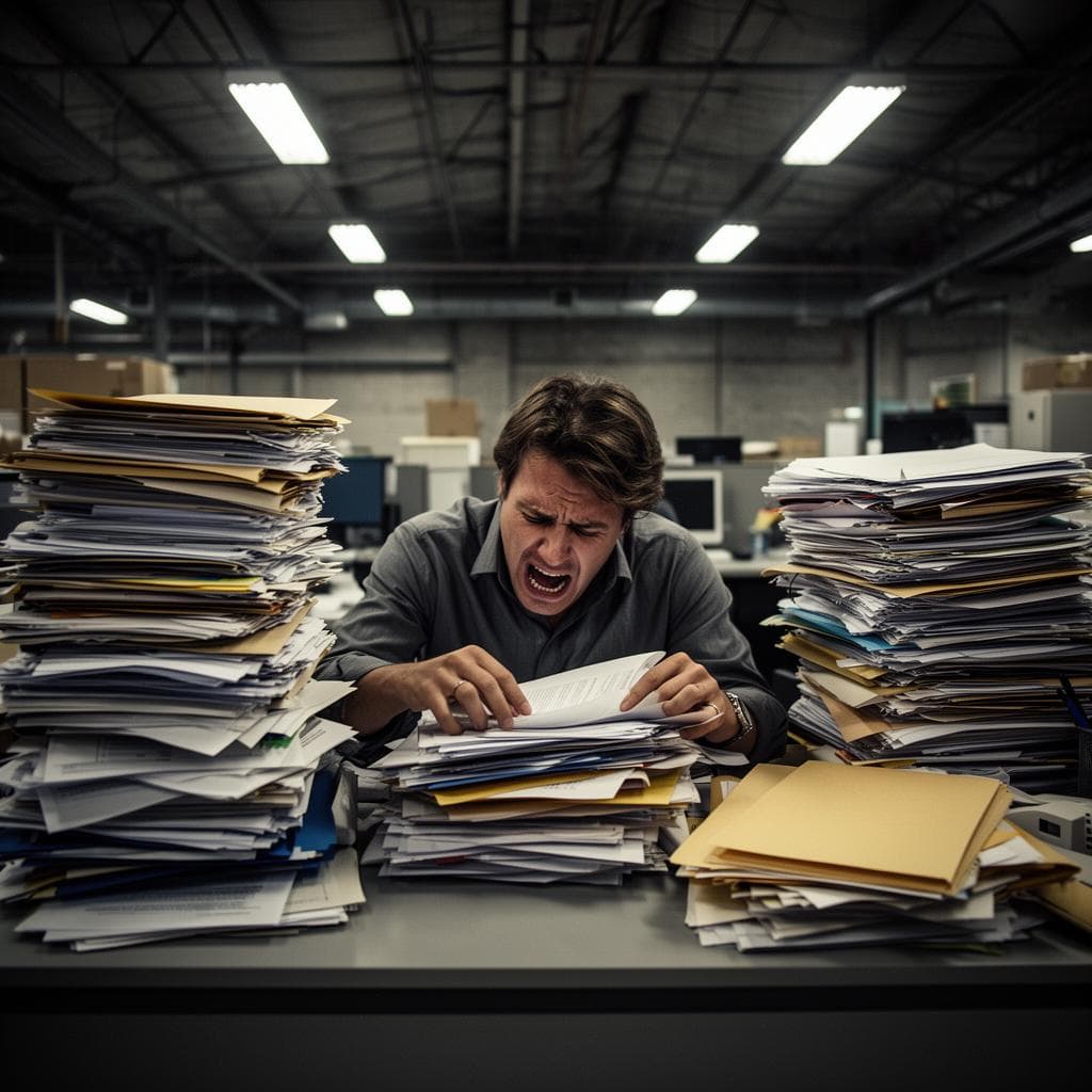 A pile of paperwork that should live in a system instead