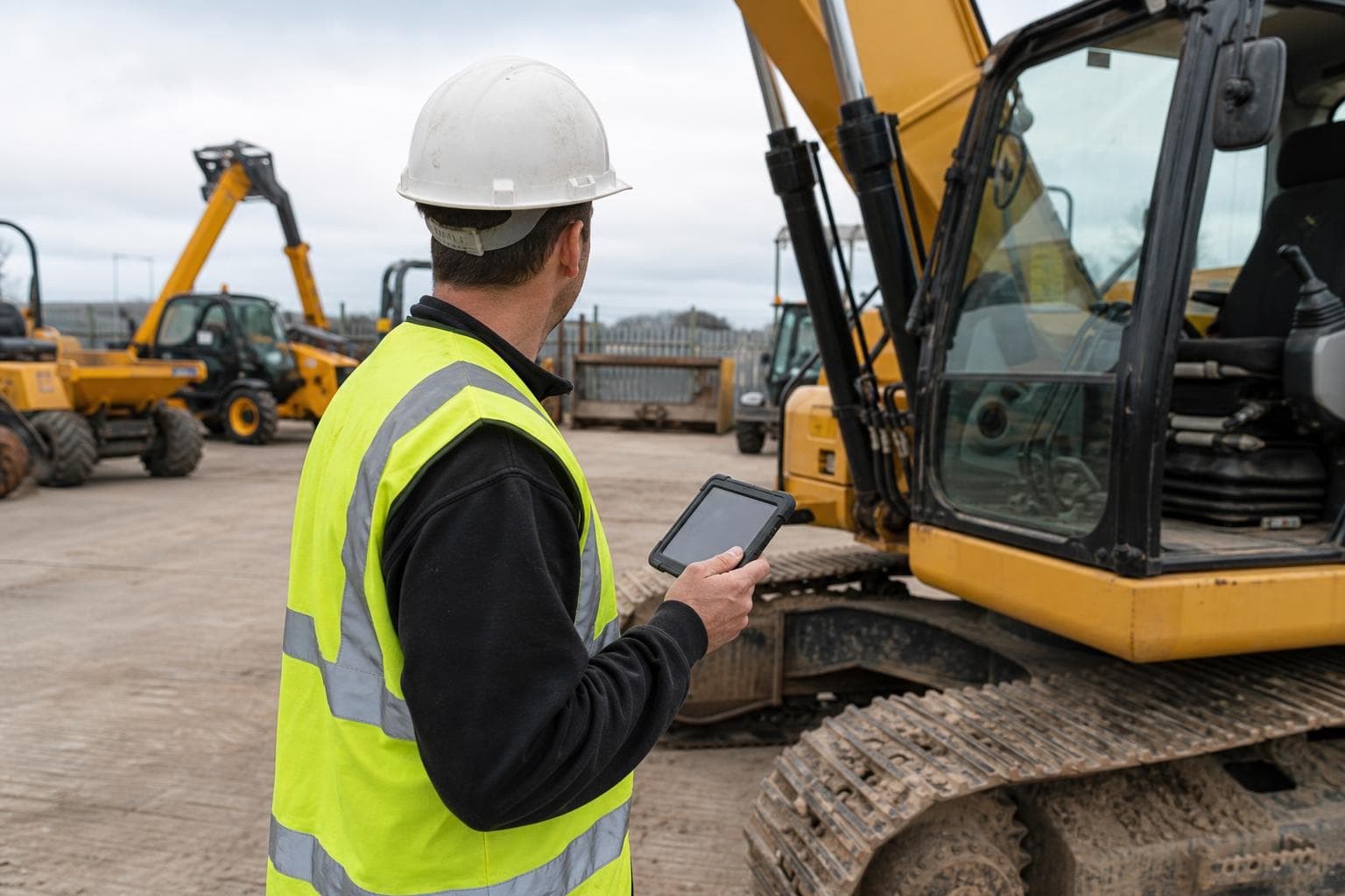 Yard worker inspecting returned plant equipment with a tablet, capturing the off-hire check that hire desk software doesn't reach